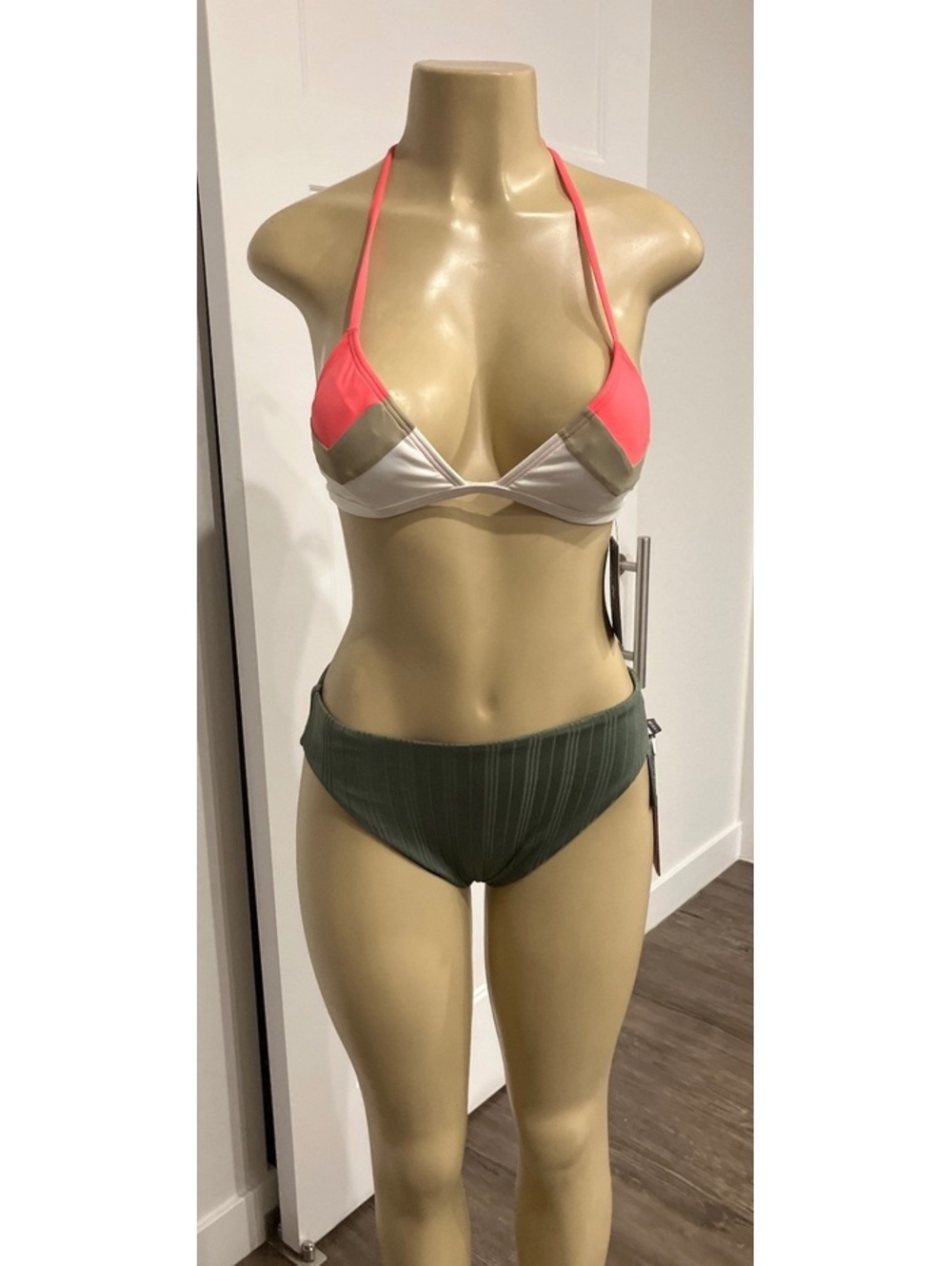 NWT Two-Piece Color Block Bikini Set with Pink, Beige, White, and Green